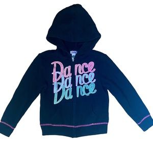 JUSTICE black glitter “Dance” zip hoodie